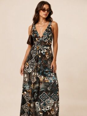 vintage catch my i y2k maxi dress small brown teal boho paisley fairy grunge